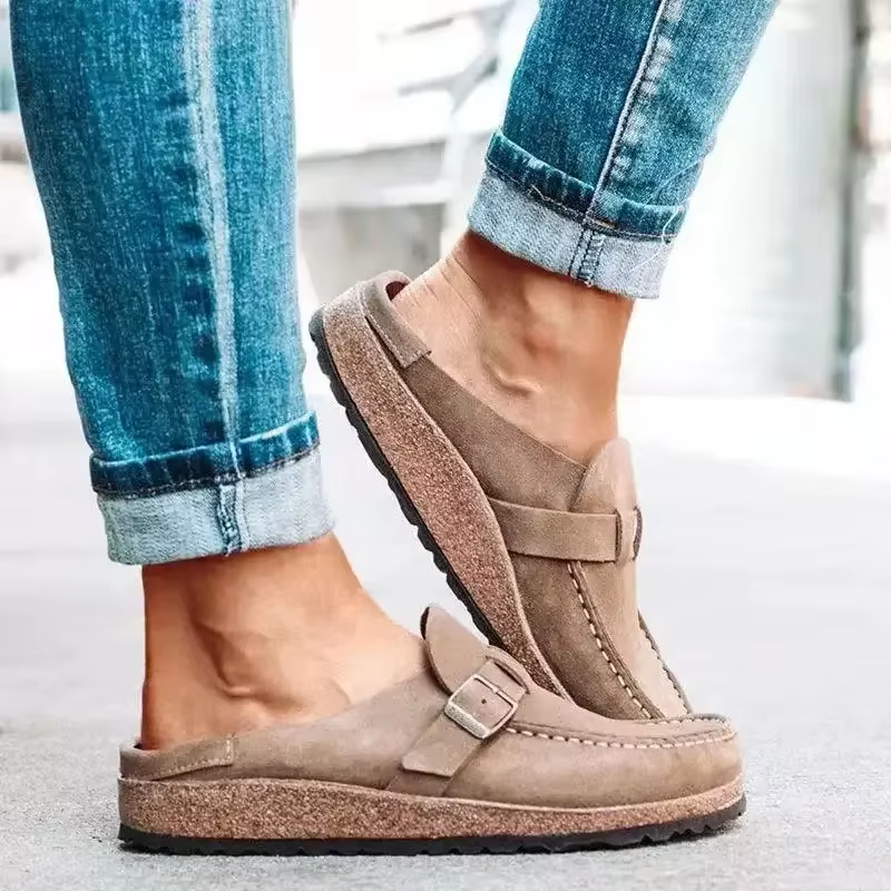 Mules à Boucles de Ceinture Durables pour Femme, Chaussures Plates à Enfiler, Demi-Pantoufles Rétro à la Mode, Nouvelle Collection 2025