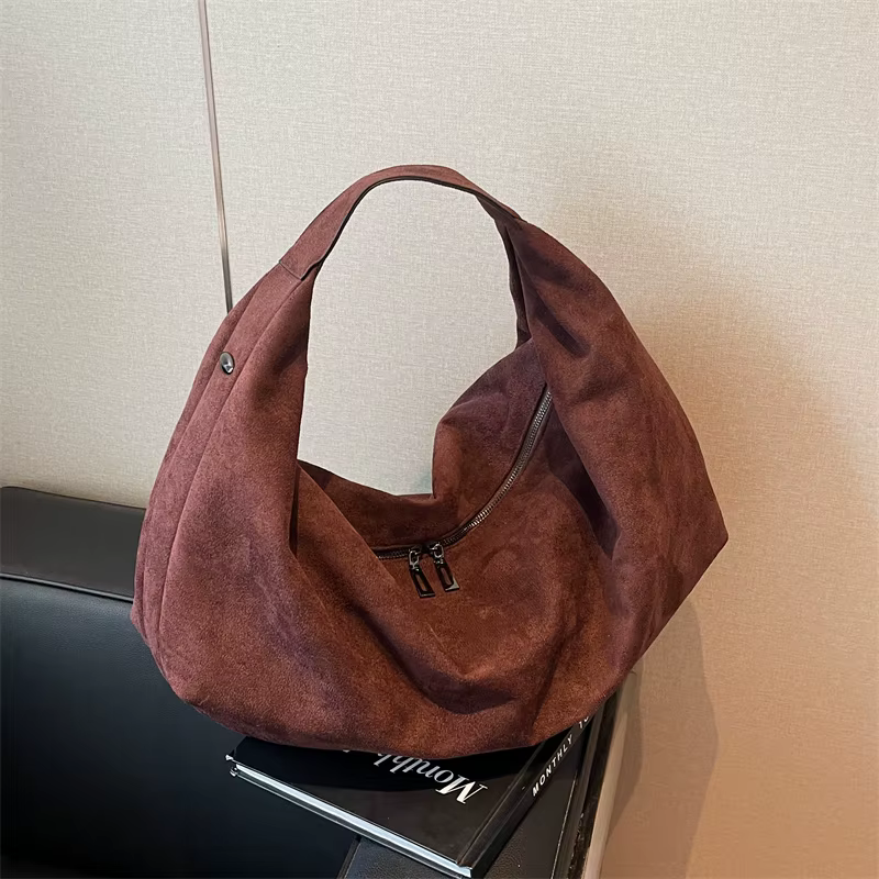 Sac à Main Demi-Lune en Faux Daim Souple pour Femme, Cabas Hobo de Grande Capacité, Fourre-Tout Sous les Bras, Mode Coréenne, Haute Qualité