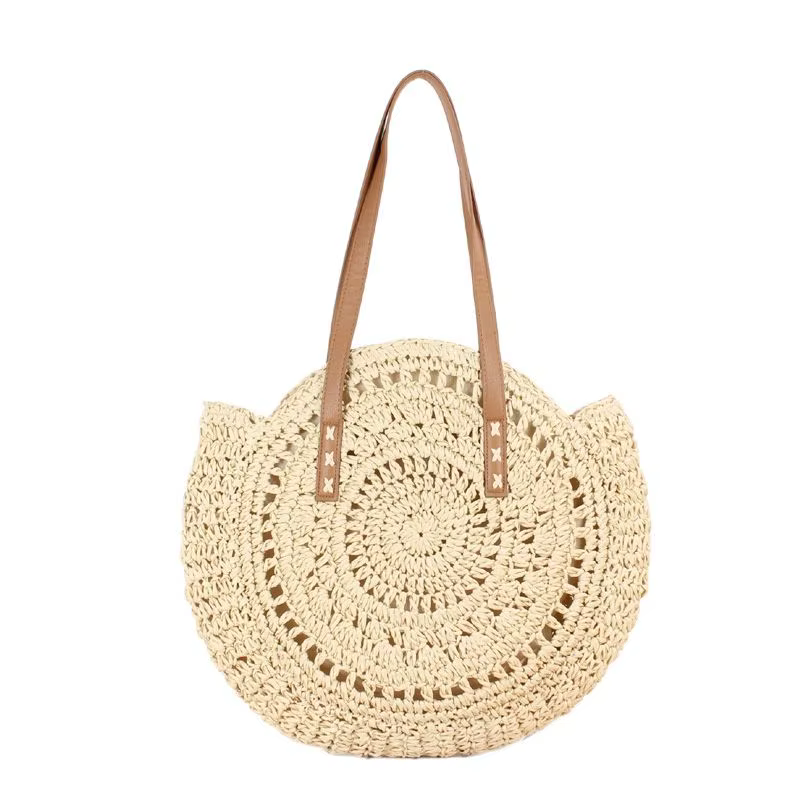 Sac de plage rond en paille, sac à bandoulière tissé Vintage fait à la main, sacs en rotin circulaire en raphia, sacs décontractés bohème pour vacances d'été