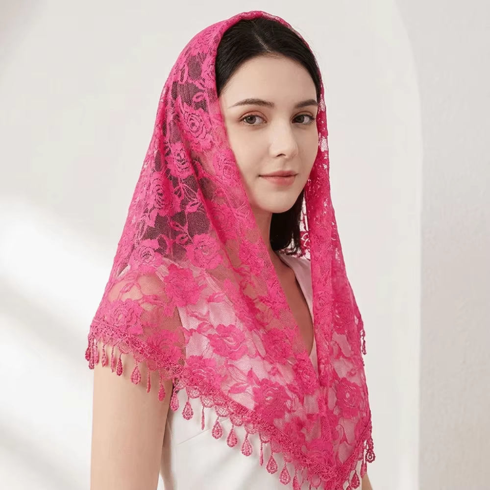 Écharpe en dentelle colorée à protection solaire avec pompons, bandeau imprimé style pastoral, bandeau triangulaire fleuri pour l'église
