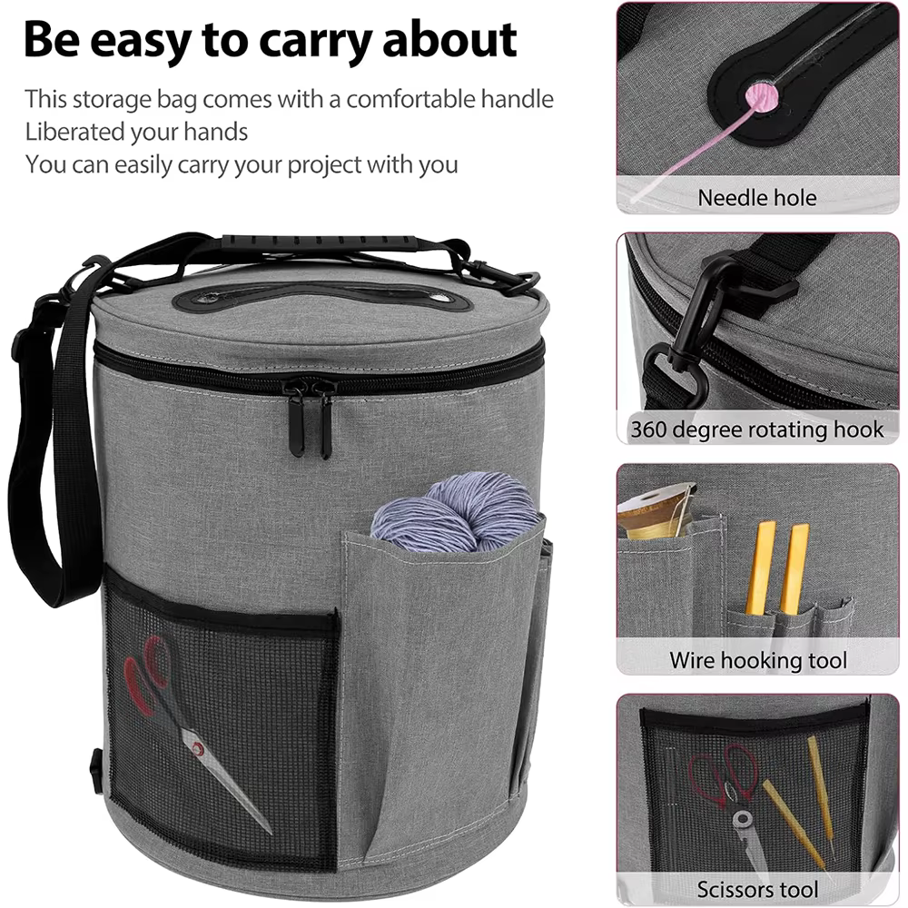 Sac au crochet de grande capacité : rangement du fil, organisateur d'aiguilles à tricoter, sac fourre-tout au crochet avec poche avant pour fil, crochets, aiguilles
