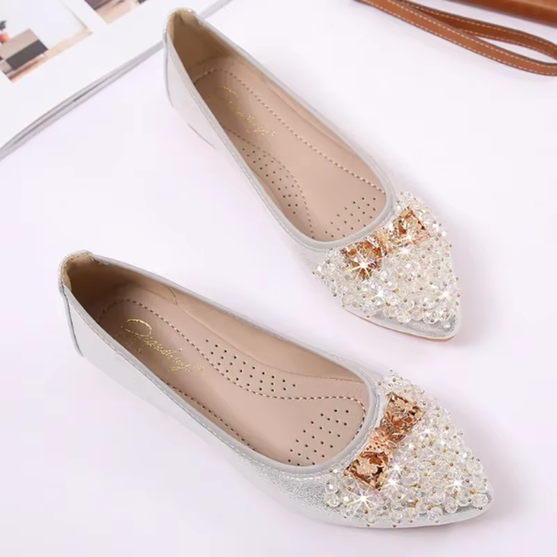 Maogu-Ballerines respirantes à bout pointu pour femme, chaussures de luxe, or, argent, cristal scintillant, grande taille 33, 44, été