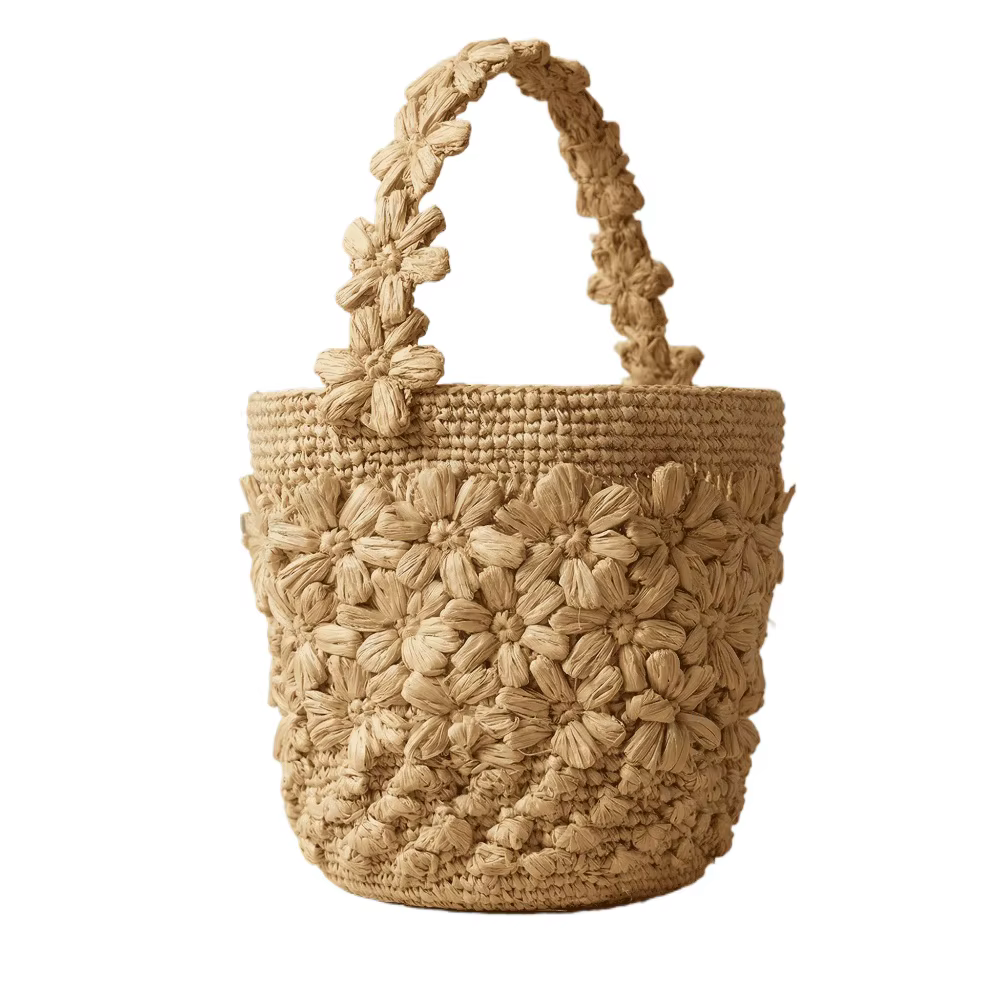 Sac seau en raphia tressé pour femme, fait main, avec fleur au crochet, sac à main en paille, style français, sac fourre-tout