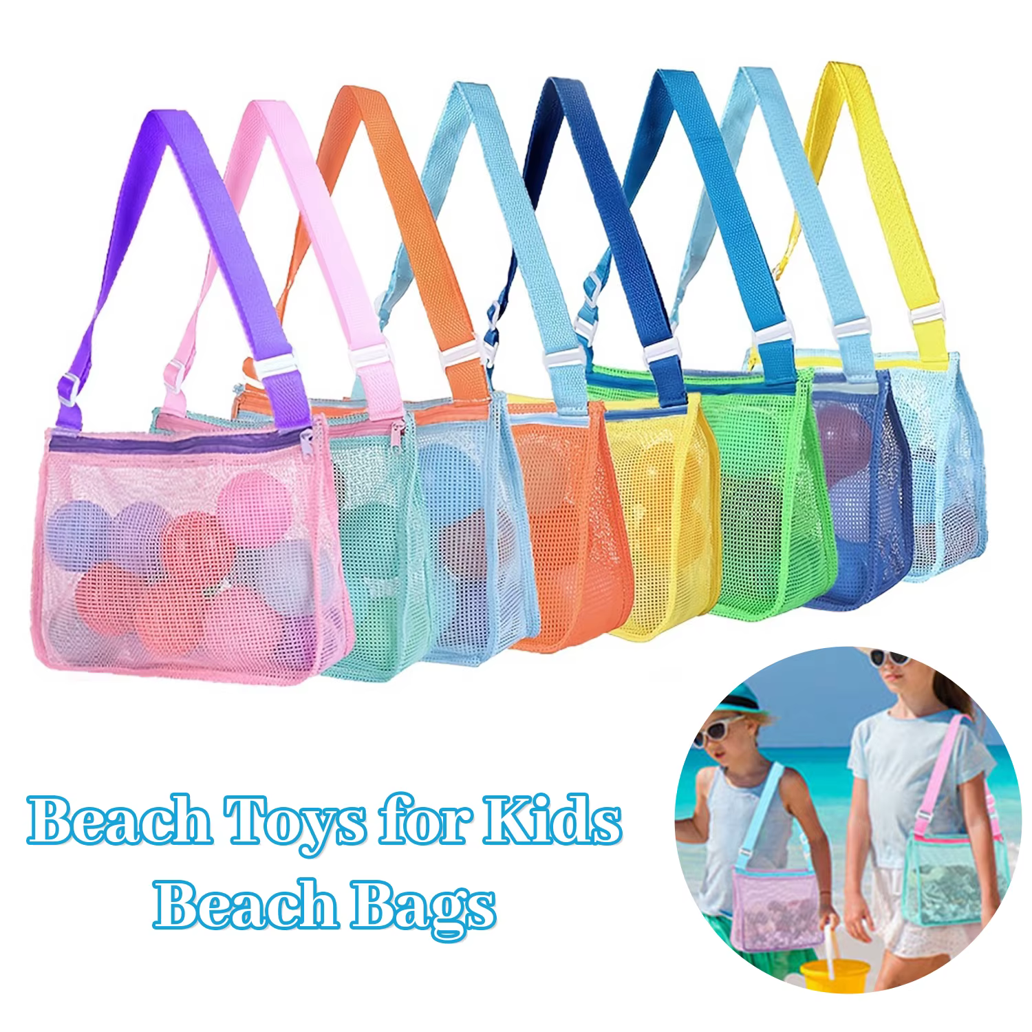 Sac de plage en maille pour enfants, avec sangle réglable, fermeture éclair, sac de rangement pour la plage et la piscine, résistant au sable, séchage rapide, léger