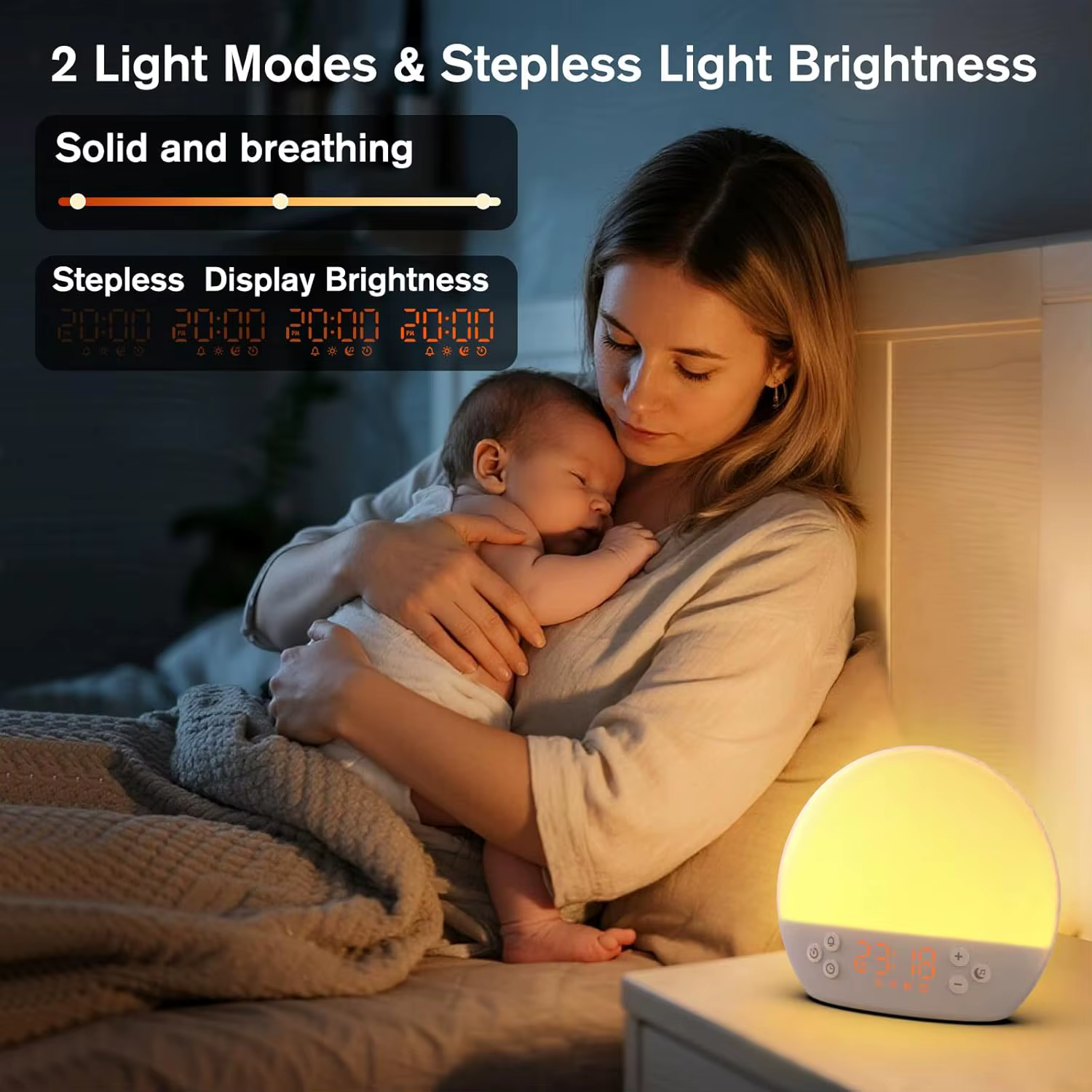 Réveil lumineux avec simulation d'aube, veilleuse à intensité réglable et machine à bruit blanc avec 30 sons apaisants pour les dormeurs lourds