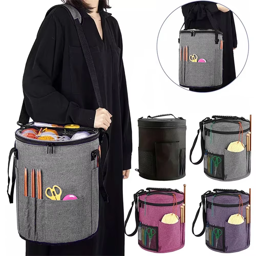 Sac au crochet de grande capacité : rangement du fil, organisateur d'aiguilles à tricoter, sac fourre-tout au crochet avec poche avant pour fil, crochets, aiguilles
