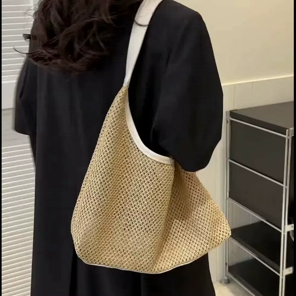 Sac en paille tressé uni décontracté, style bohème fait main, sac de plage grande capacité, sac fourre-tout, sac à bandoulière pour femme