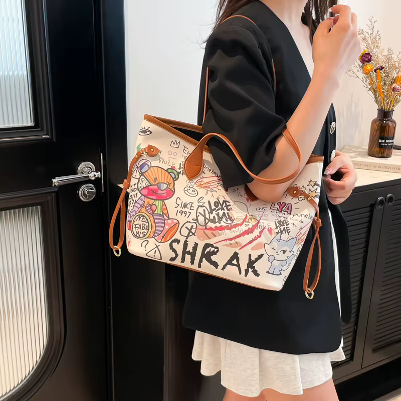 Sac fourre-tout Bear Doodle pour femme – Imprimé graffiti, grande capacité, sac à main polyvalent à bandoulière