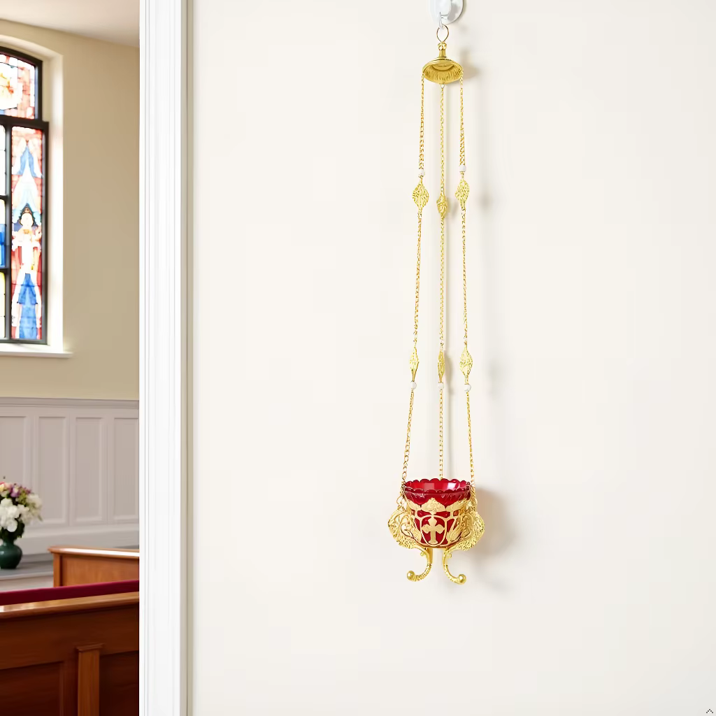 Lampe Vigil suspendue orthodoxe |   Alliage plaqué or avec croix de bol en verre rouge et conception de vigne pour l'autel de la maison de l'église