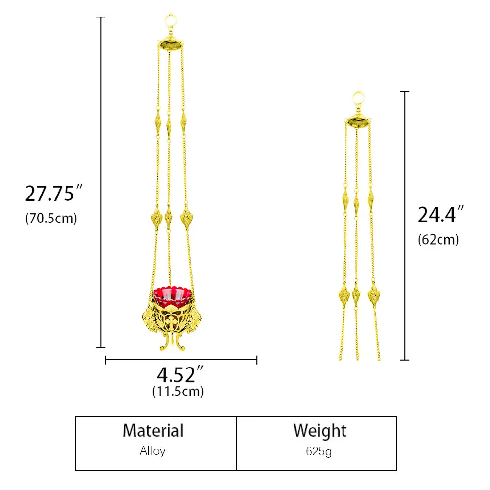 Lampe Vigil suspendue orthodoxe |   Alliage plaqué or avec croix de bol en verre rouge et conception de vigne pour l'autel de la maison de l'église