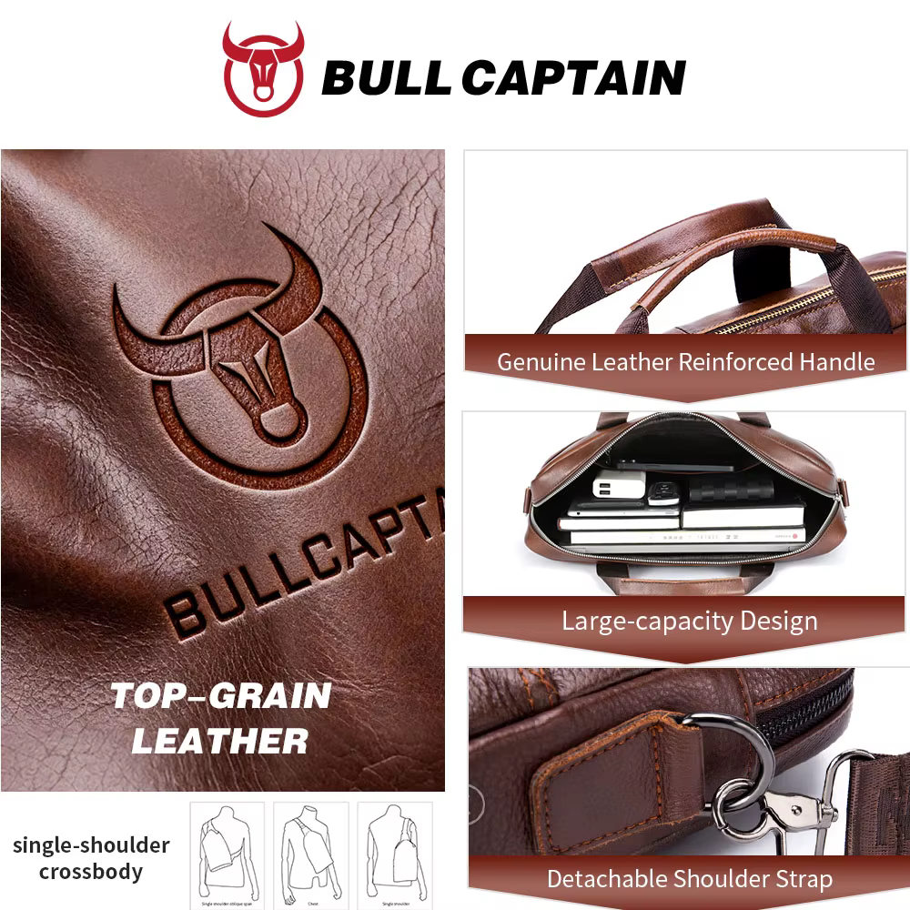 BULLCAPTAIN-Sac pour ordinateur portable en cuir pour homme, couche supérieure, sac pour ordinateur portable 15 ", étui à bombes pour ordinateur portable pour homme, étui de travail, sac de voyage d'a