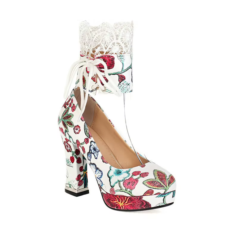 Brodé imprimé bout rond talon épais talons hauts dentelle attachée rétro