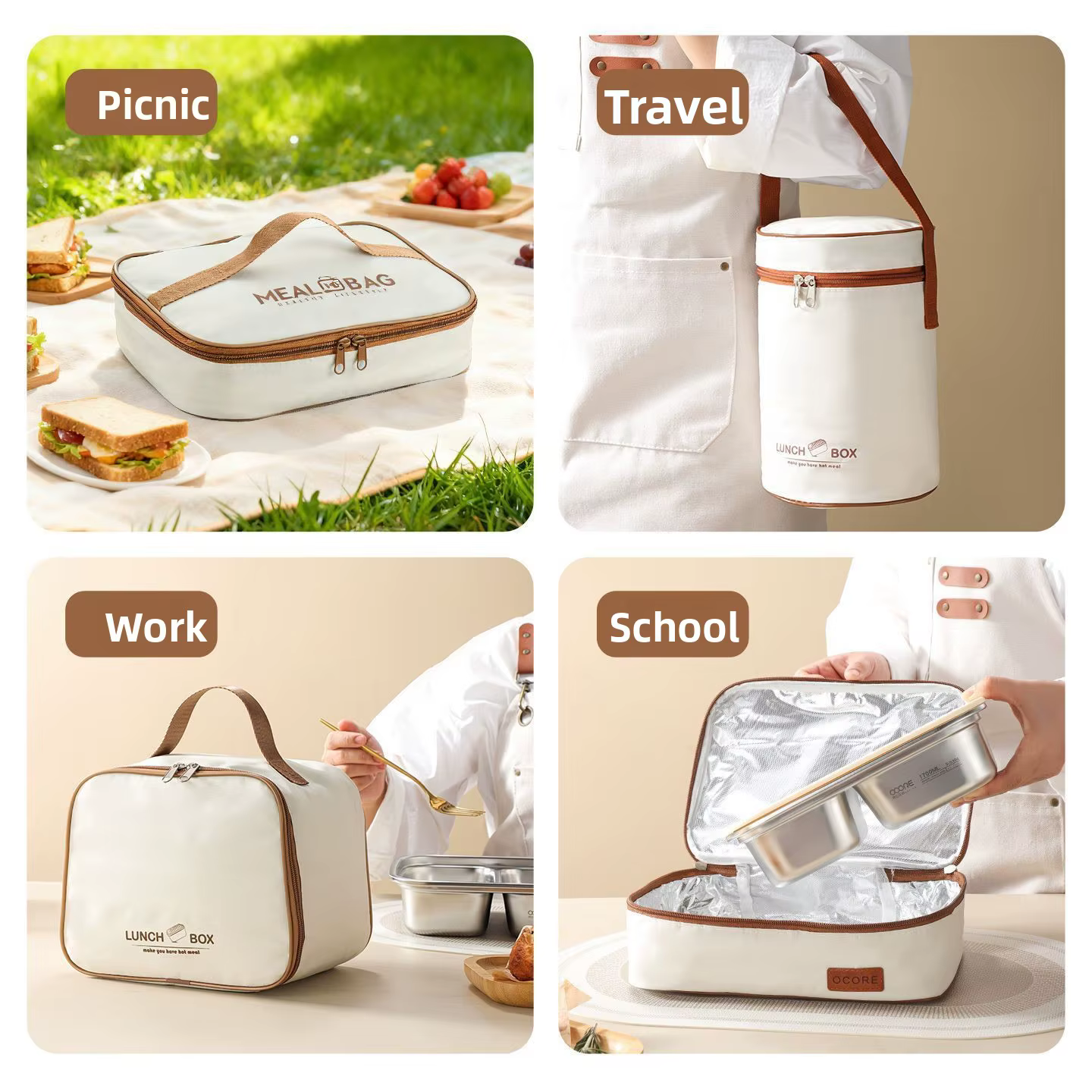 Sac isotherme portable avec poignée, mini pochette de rangement pour le camping, le pique-nique, l'extérieur, style moderne et simple, durable, antibactérien
