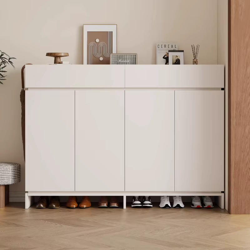 Meuble à chaussures multi-niveaux 90 cm en bois blanc avec porte, organisateur gain de place pour salon, meuble de rangement pour la maison