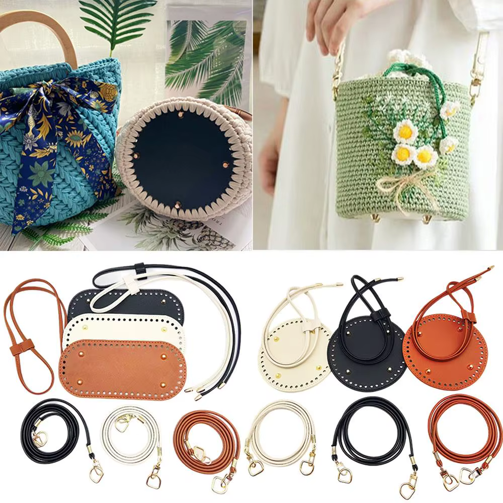 3 pièces bricolage en cuir PU Crochet sac accessoires à la main cordon pièces tissé sac ensemble couleur unie sac Base inférieure sac sangle poignée