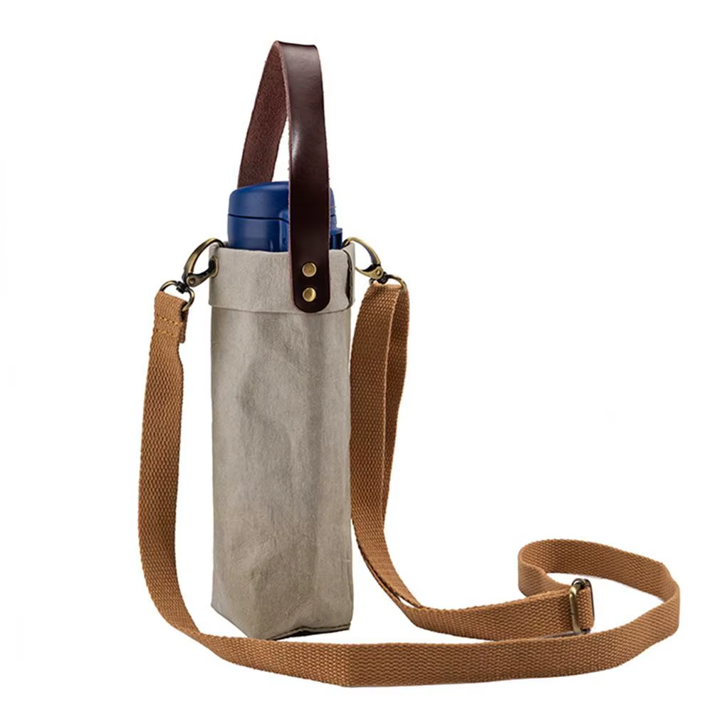 Sac de couverture de bouteille d'eau, pochette en papier Kraft lavable, porte-pochette d'eau, sangle d'épaule, sac isolant
