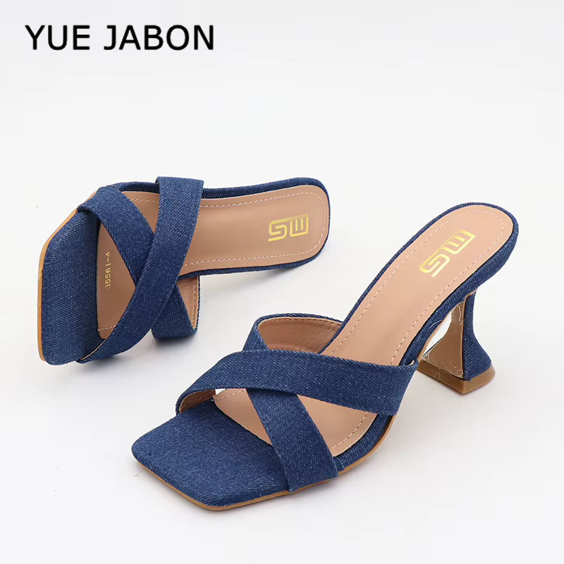 Chaussures décontractées pour femmes bleues, tendance été 2026, mules en jean à bout carré, couleur unie, à talons épais, faciles à enfiler