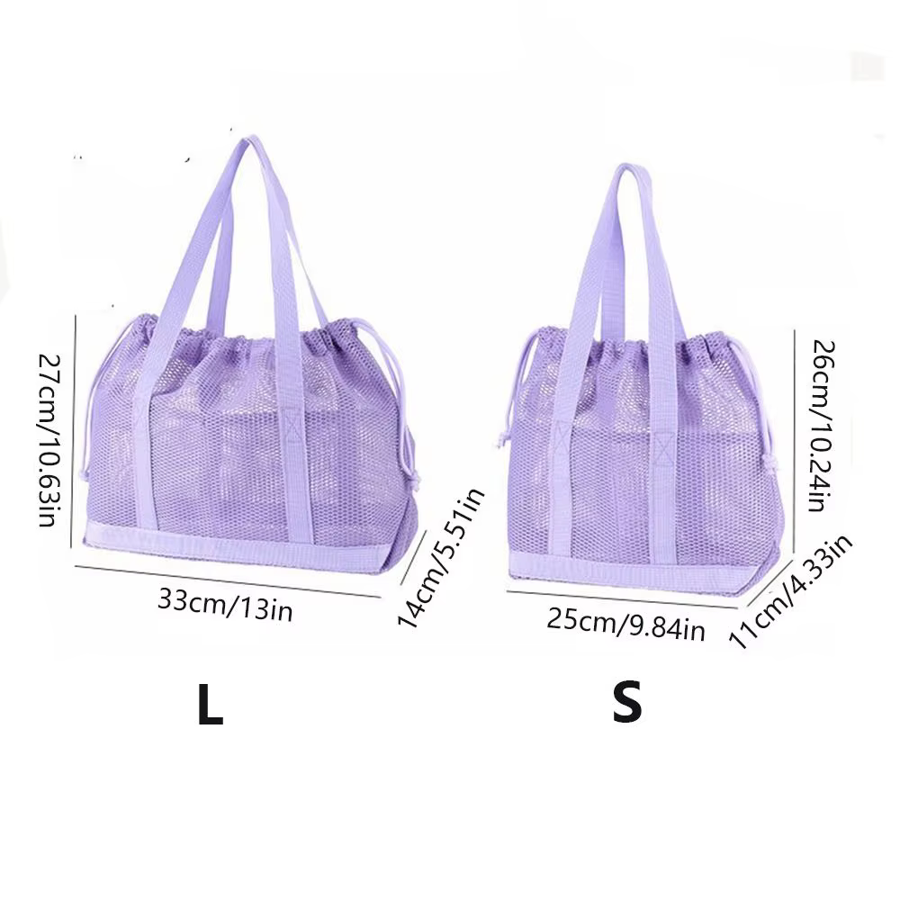 Sac de plage pliable en maille avec cordon de serrage, grande capacité, sac à main lavable et respirant, organisateur d'articles de toilette pour la plage