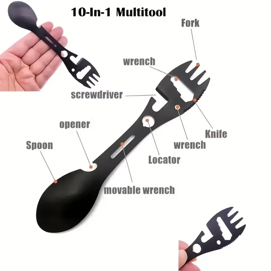 Outils de survie en plein air 5 en 1, kit EDC multifonctionnel pour le camping, fourchette, couteau, cuillère, ouvre-bouteille/ouvre-boîte pratique