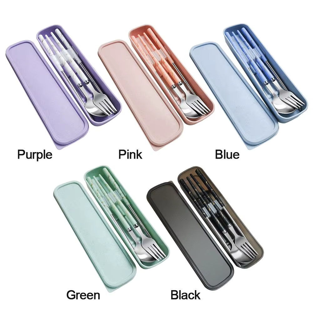 Couverts réutilisables en acier inoxydable, accessoires de cuisine avec boîte, service de table, cuillère, fourchette, baguettes