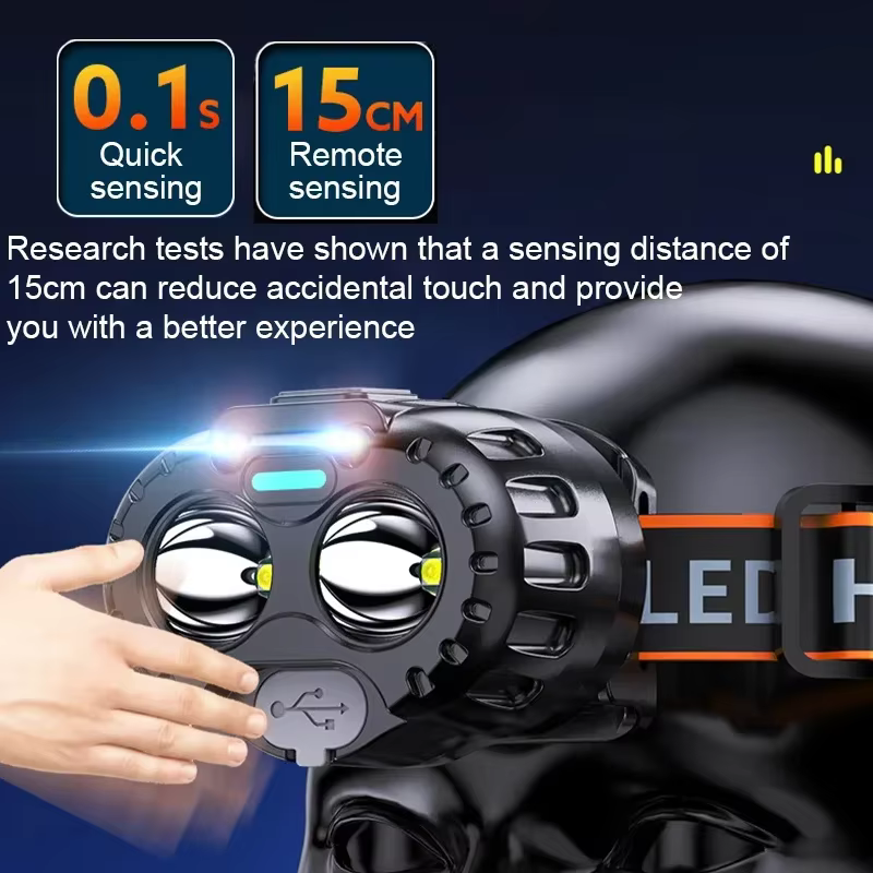 Lampe frontale d'urgence avec capteur de mouvement, lampe frontale LED, chargeur USB, 250lm, XPE, pour la pêche en plein air