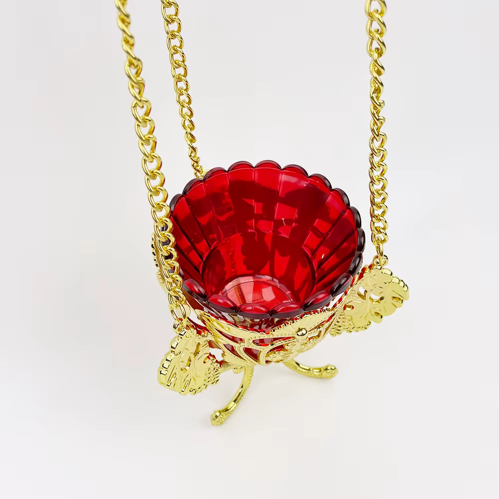 Lampe Vigil suspendue orthodoxe |   Alliage plaqué or avec croix de bol en verre rouge et conception de vigne pour l'autel de la maison de l'église
