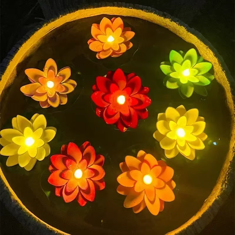 6 pièces LED multicolore Lotus capteur lampe de nuit flottant éclat d'eau fleur lampes jardin aquarium décor festif souhaitant Lotus lumière