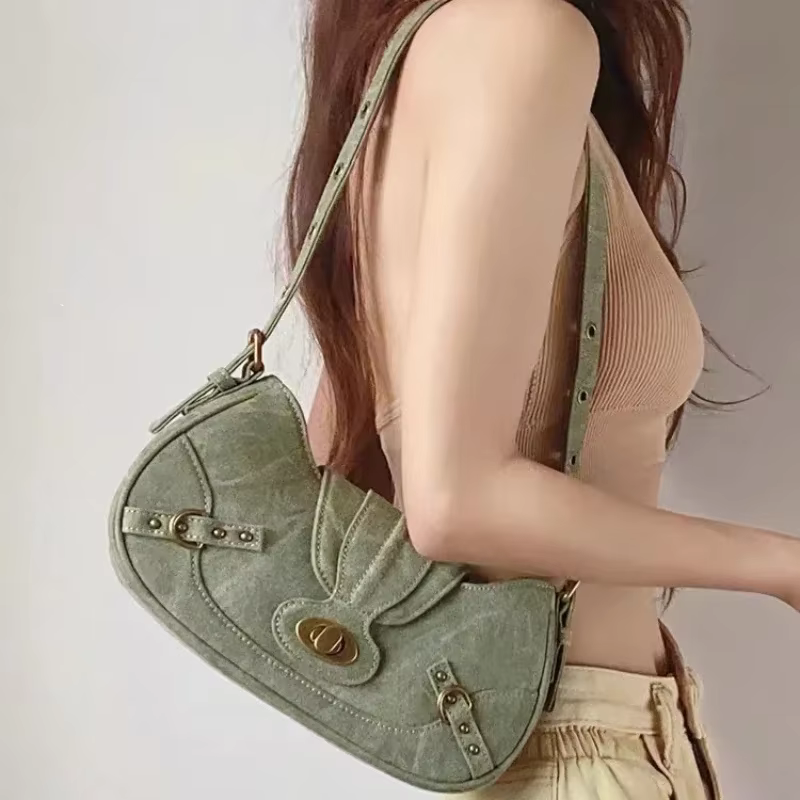 Y2k Vintage sac à bandoulière Style de rue américain Rivets vert toile sac à main gothique Punk Biker Cool Designers sous les bras sac à main