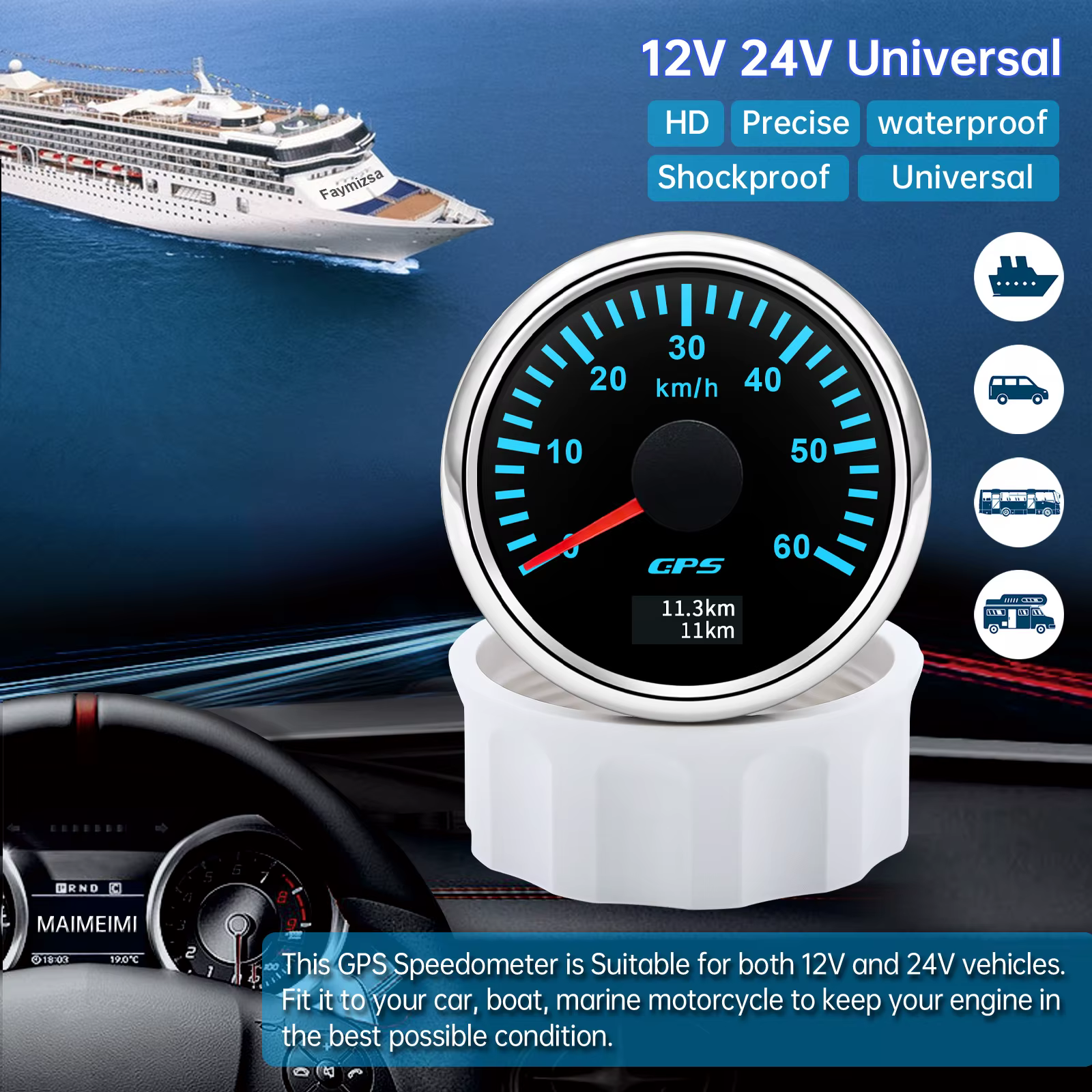 Compteur de vitesse GPS numérique 30/60/80/120/200 Km/h 52MM, avec antenne, jauge de vitesse pour bateau et voiture, rétro-éclairage 7 couleurs 12V24V