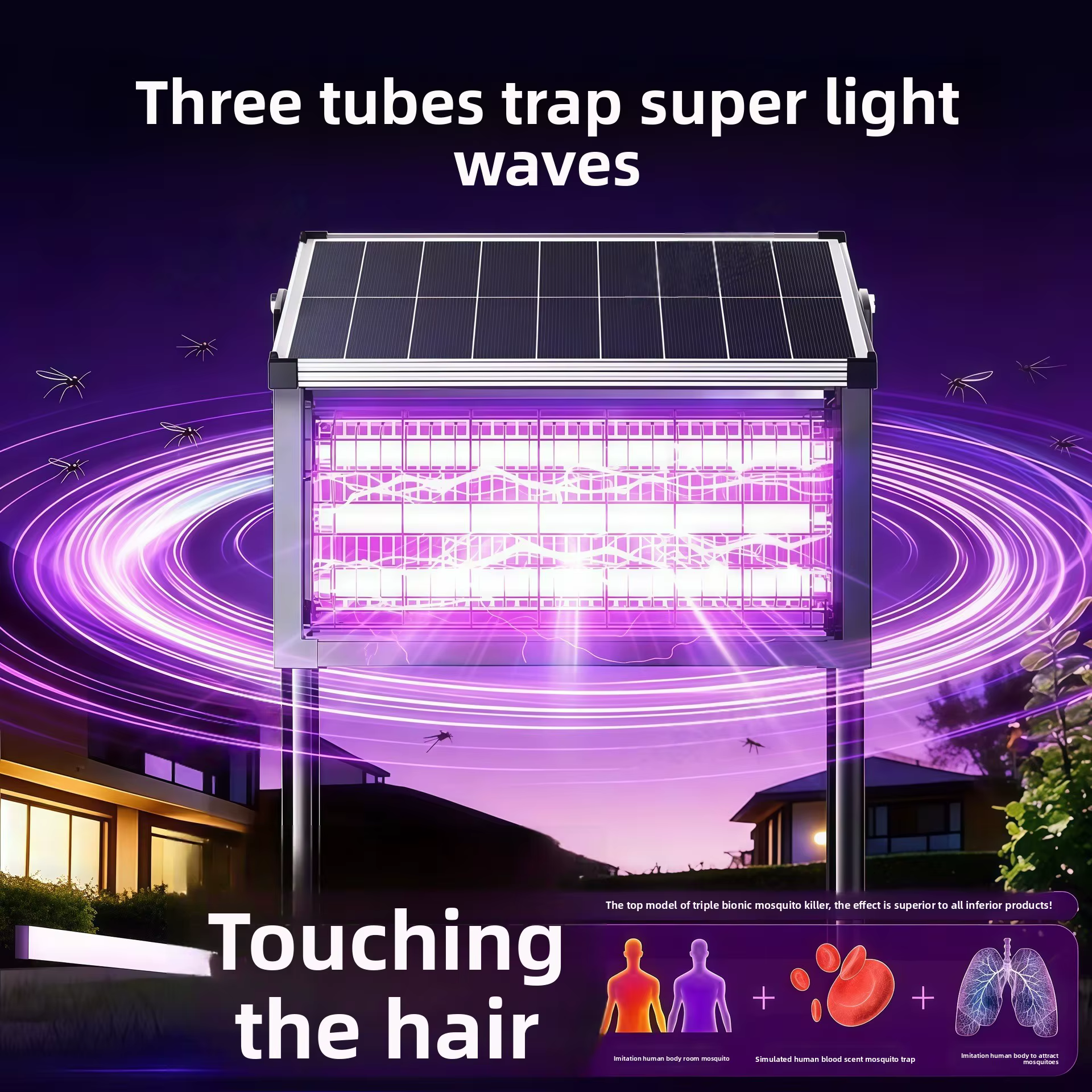 Lampe Solaire Professionnelle Anti-Moustiques d'Extérieur Haute Puissance Étanche Piège à Mouches pour Ferme Jardin Verger Patio Tue-Insectes
