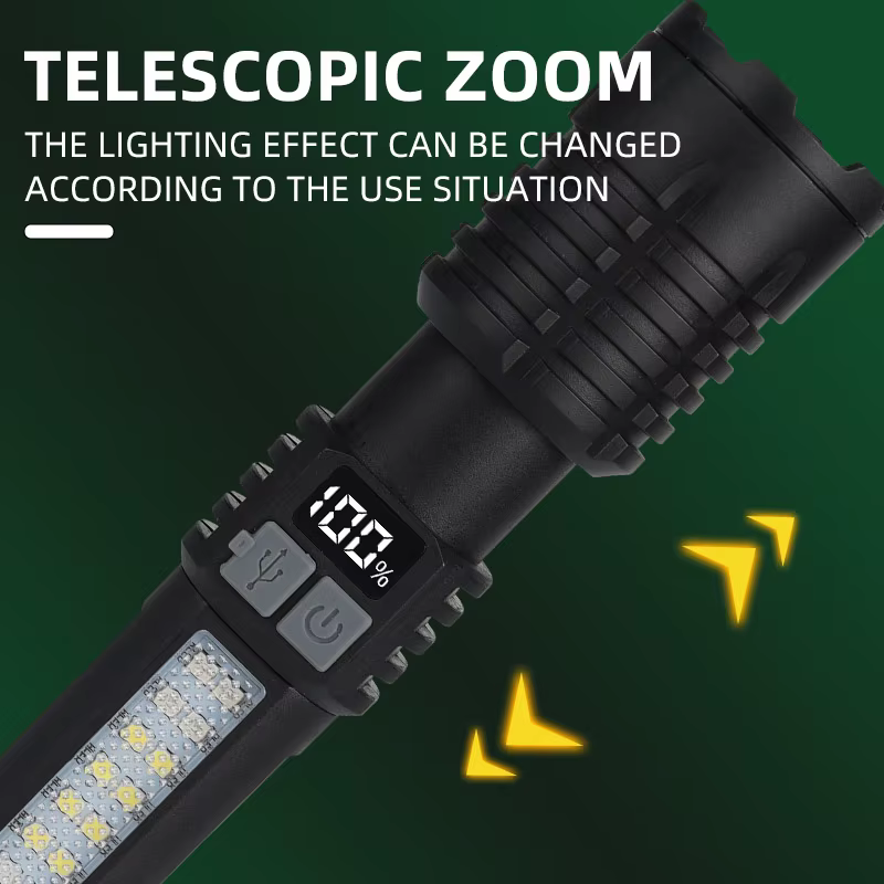 Lampes de poche LED haute puissance rechargeables portables avec écran d'affichage Zoom lampe torche tactique avec lanterne de lumières latérales de secours