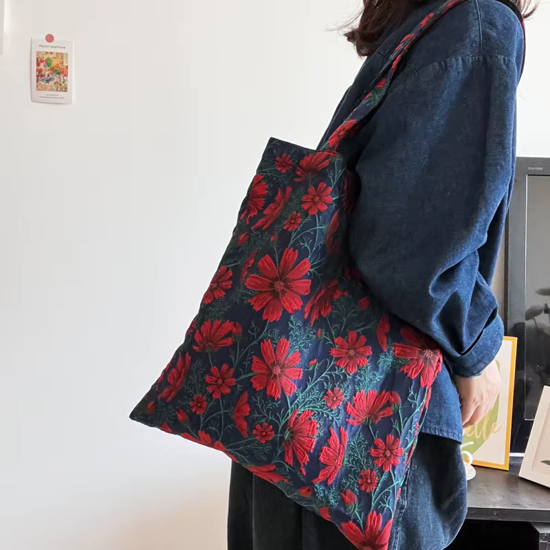 Sac à bandoulière Vintage en Jacquard pour femmes, sac de Shopping réutilisable à motif Floral pour dames, fourre-tout Portable de grande capacité