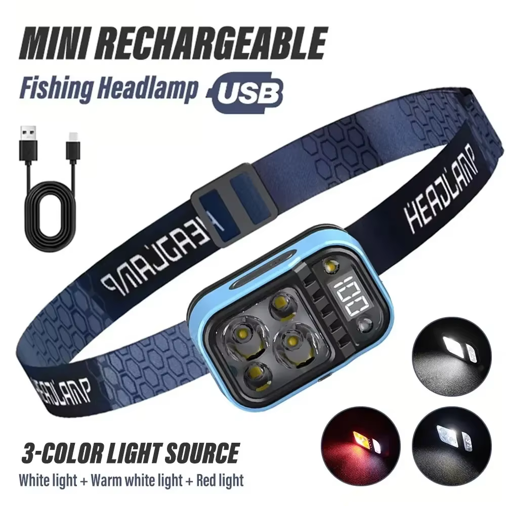 Lampe frontale LED de pêche Rechargeable avec capteurs et indicateur de batterie