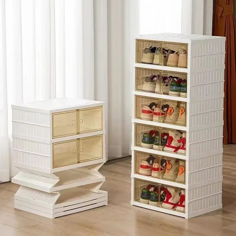 Organisateur de étagères à chaussures pliables pour placard, boîte de rangement de chaussures pliables en plastique, transparente, empilable avec assemblage facile