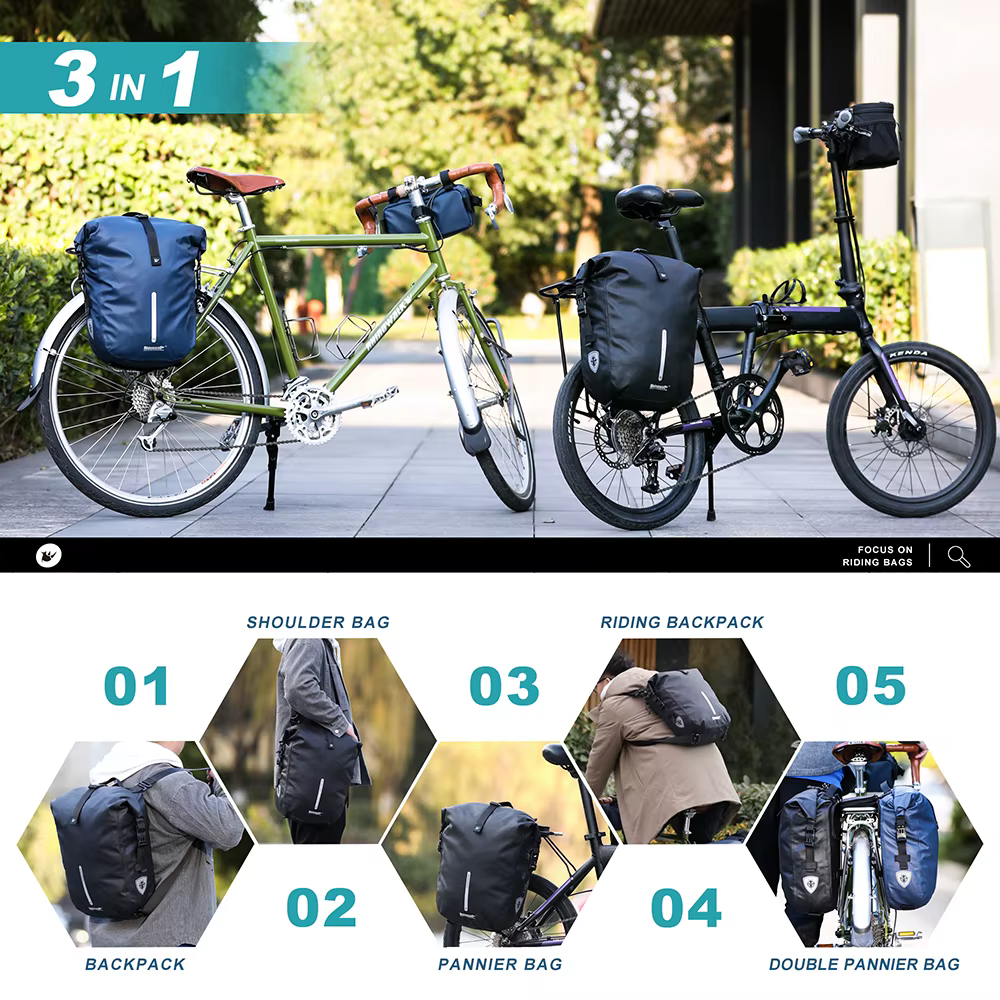 Sacoche de vélo Rhinowalk 20L, imperméable, pour porte-bagages arrière, noire, sac de voyage pour cyclisme, sac à bandoulière, sac à dos, sac de rangement latéral pour vélo