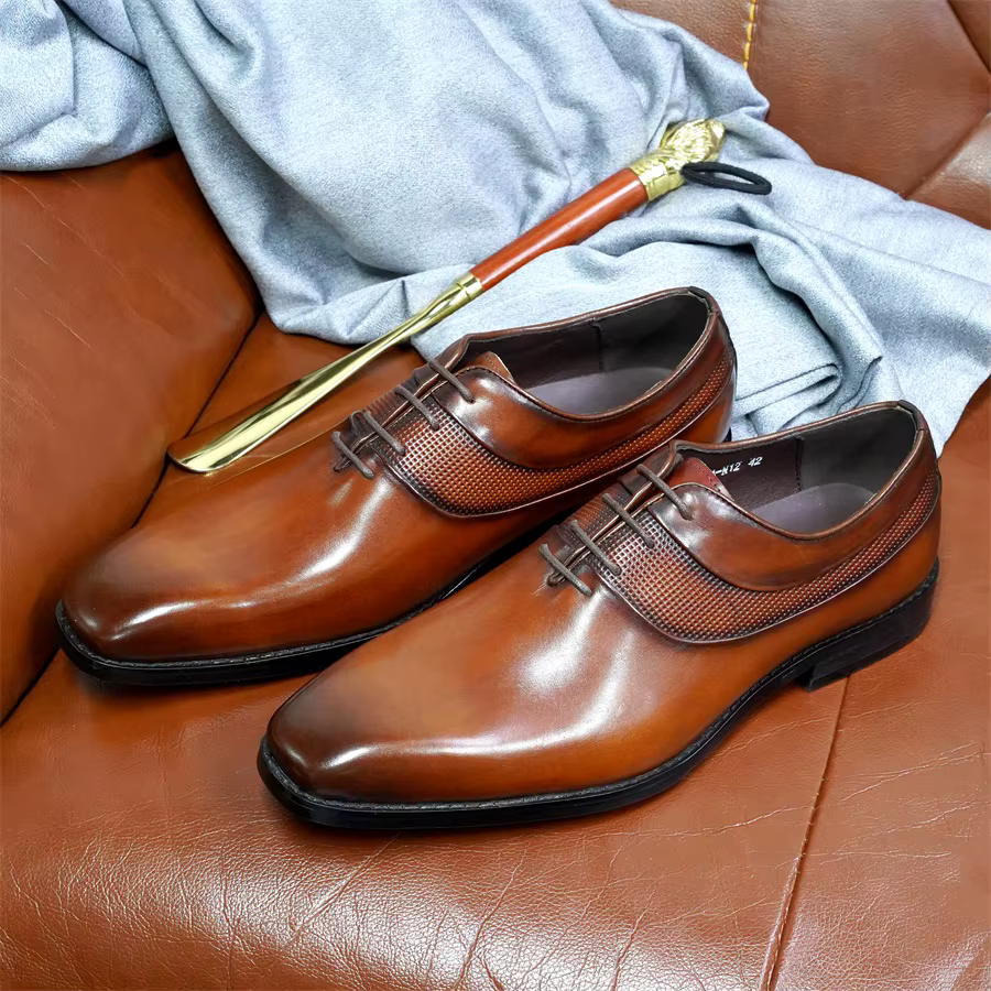 Chaussures Oxford haut de gamme pour hommes, en cuir véritable, faites à la main, à lacets, à bout pointu, chaussures d'affaires pour fête de mariage