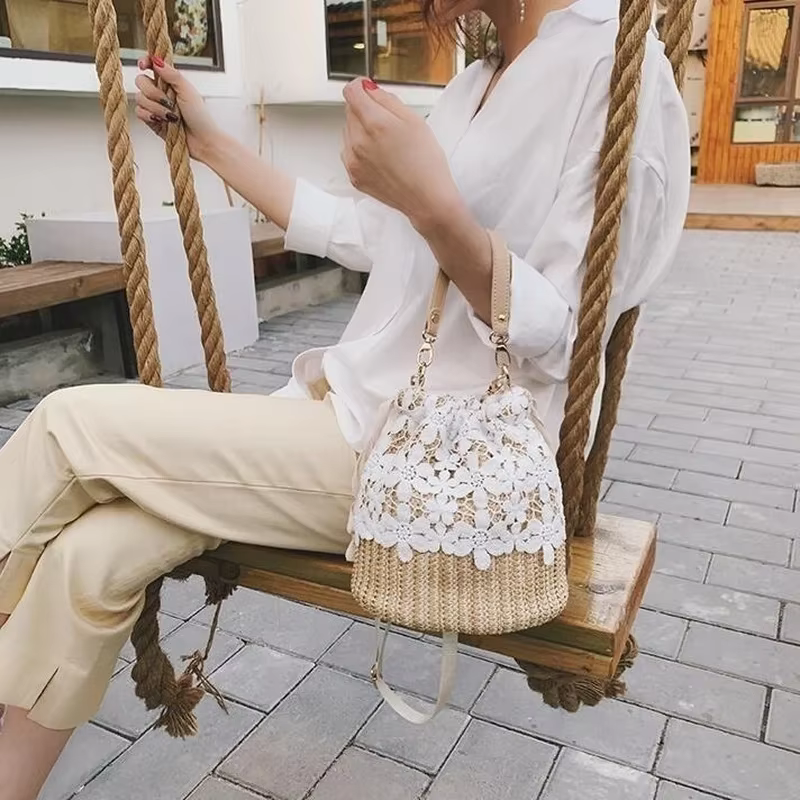 Sac à main en paille tressée pour femmes, sac à bandoulière décontracté, sac de plage en dentelle, sac à pied élégant, article de vacances, E27, nouveau