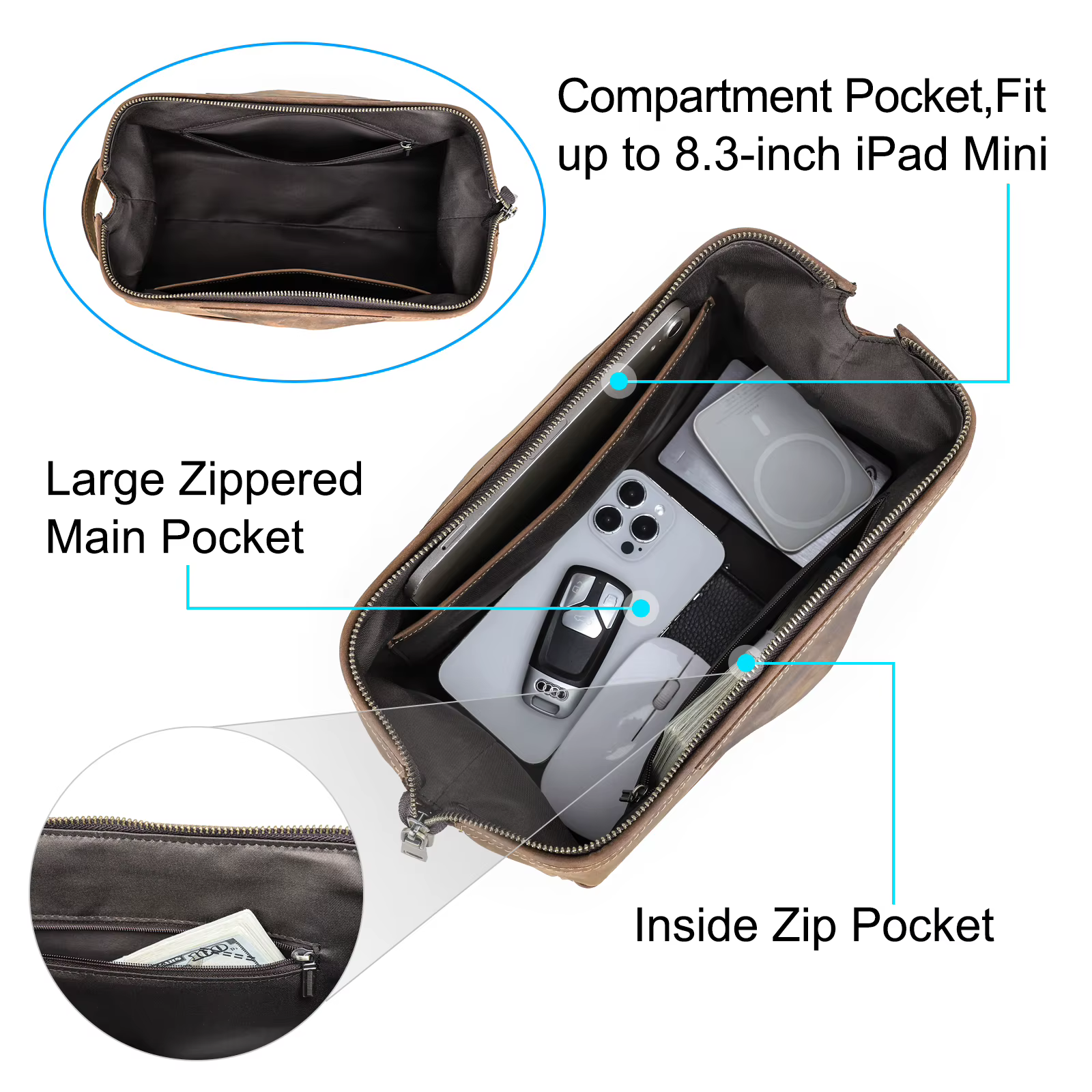 Trousse de toilette en cuir véritable pour hommes et femmes, sac à cosmétiques, trousse de toilette de voyage, sacs de rangement, sac à main pour kit de maquillage, homme