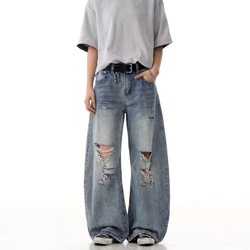 2025 automne haute rue déchiré Jean pour hommes Y2K Vintage droit Baggy Denim pantalons Hombre Hip Hop mode en détresse Jean