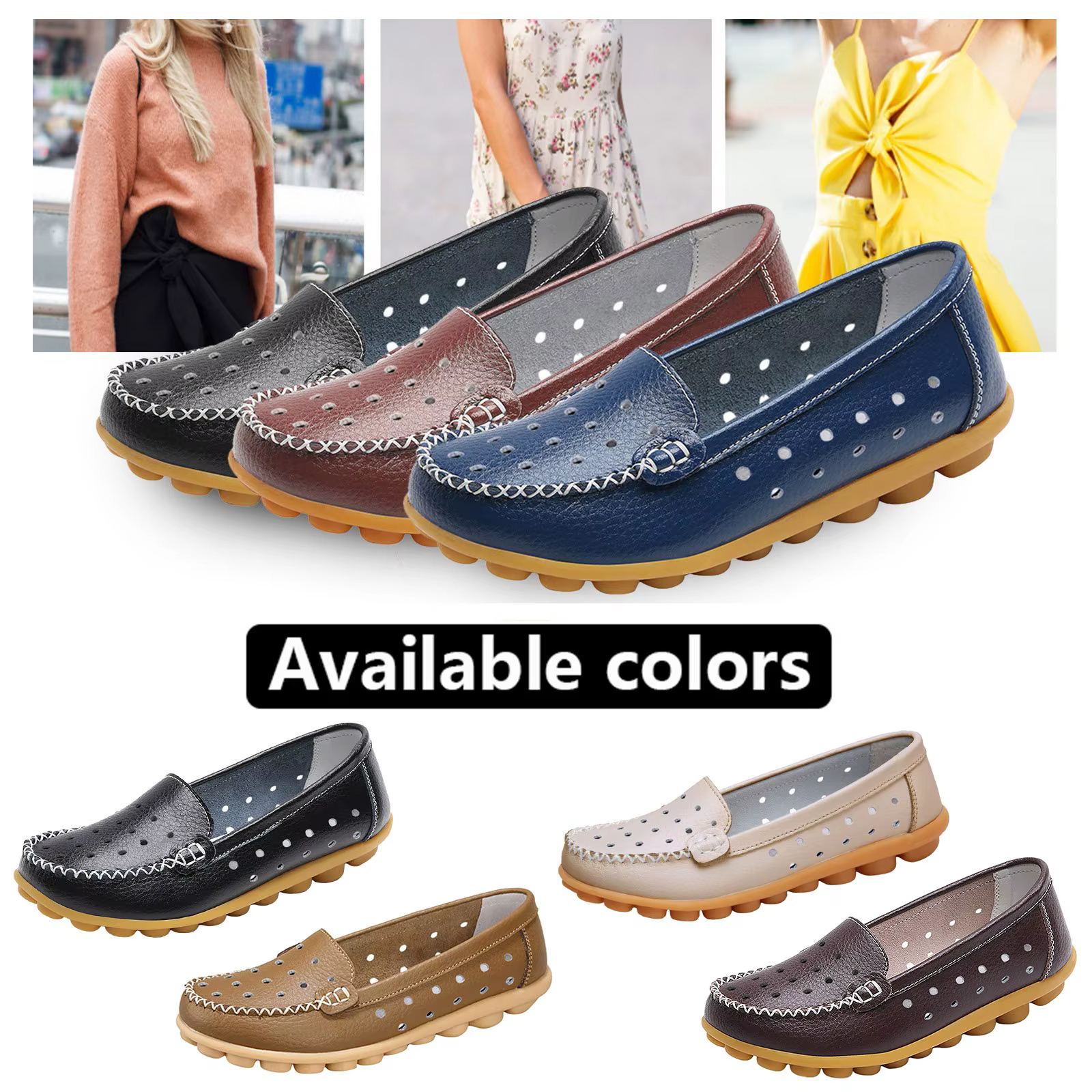 Mocassins Confortables Respirants en Cuir Ajourés, Chaussures Légères à Enfiler, Basses, Grande Taille 46, pour Femme