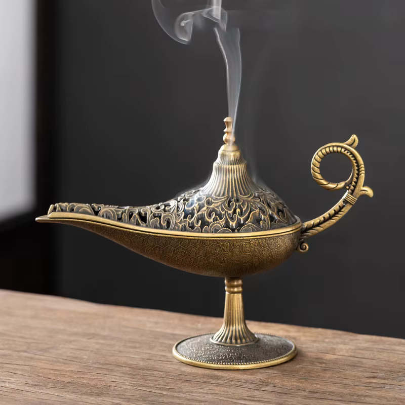 Brûleur d'encens en métal d'inspiration antique en forme de lampe, porte-bougie parfumé et non parfumé, décoration d'intérieur de style arabe, cadeau