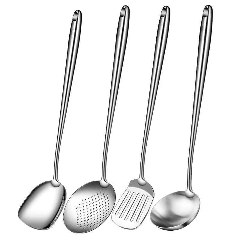 Ensemble d'ustensiles de cuisine en acier inoxydable pour wok : spatule, louche, cuillère écumoire, spatule ajourée, accessoires pour wok