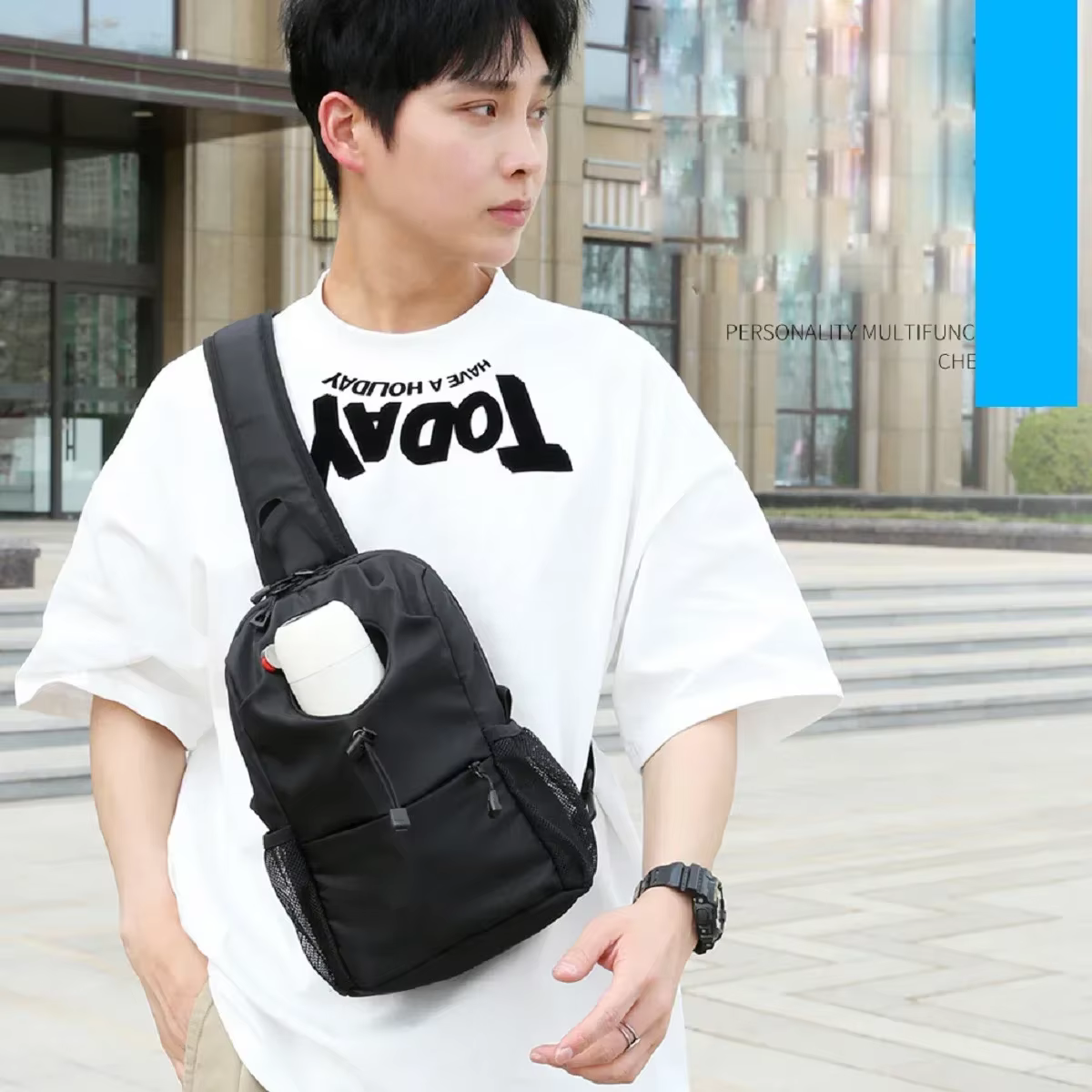 Sac de poitrine de sport et de loisirs à la mode, matériau en nylon imperméable, sac de rangement pour téléphone, multifonctionnel et multicouche