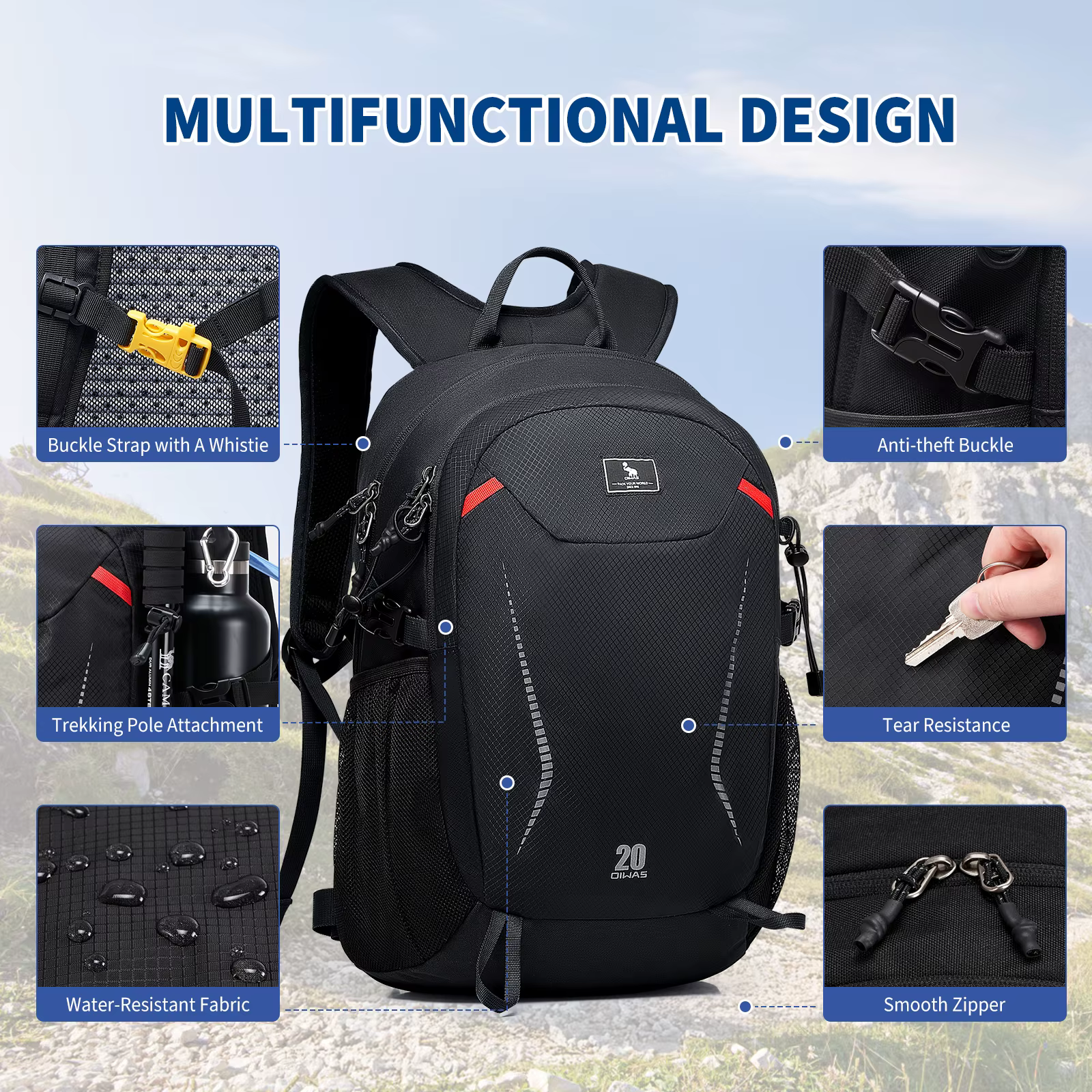 Sac à dos d'extérieur OIWAS 20L léger, imperméable, résistant à l'usure, adapté aux hommes et aux femmes pour les voyages sportifs
