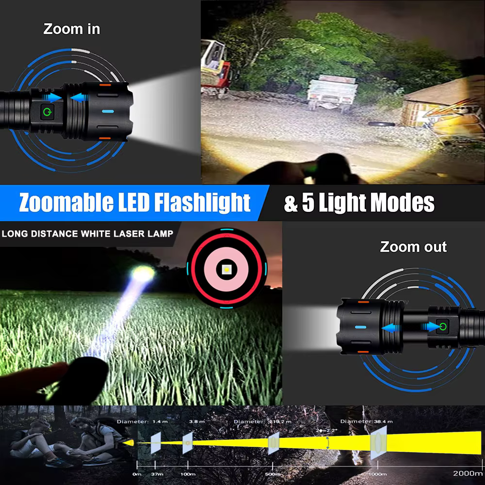 2025 lampe de poche LED la plus puissante Rechargeable 800W lampes