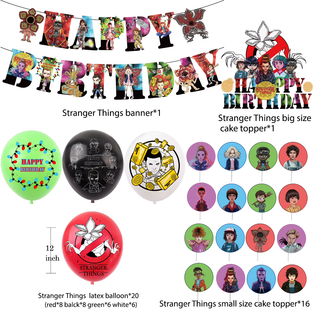 Décorations de fête d'anniversaire Stranger Things, ballons Stranger Things, bannière en papier, décoration de gâteau, fournitures de fête