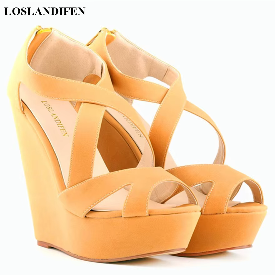 Nubuck cuir haute plate-forme femmes sandales 2025 été concis bout ouvert talons hauts chaussures dames Sexy creux fête sandales à talons compensés