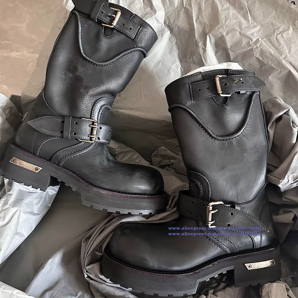 Bottes de moto en cuir noir pour hommes