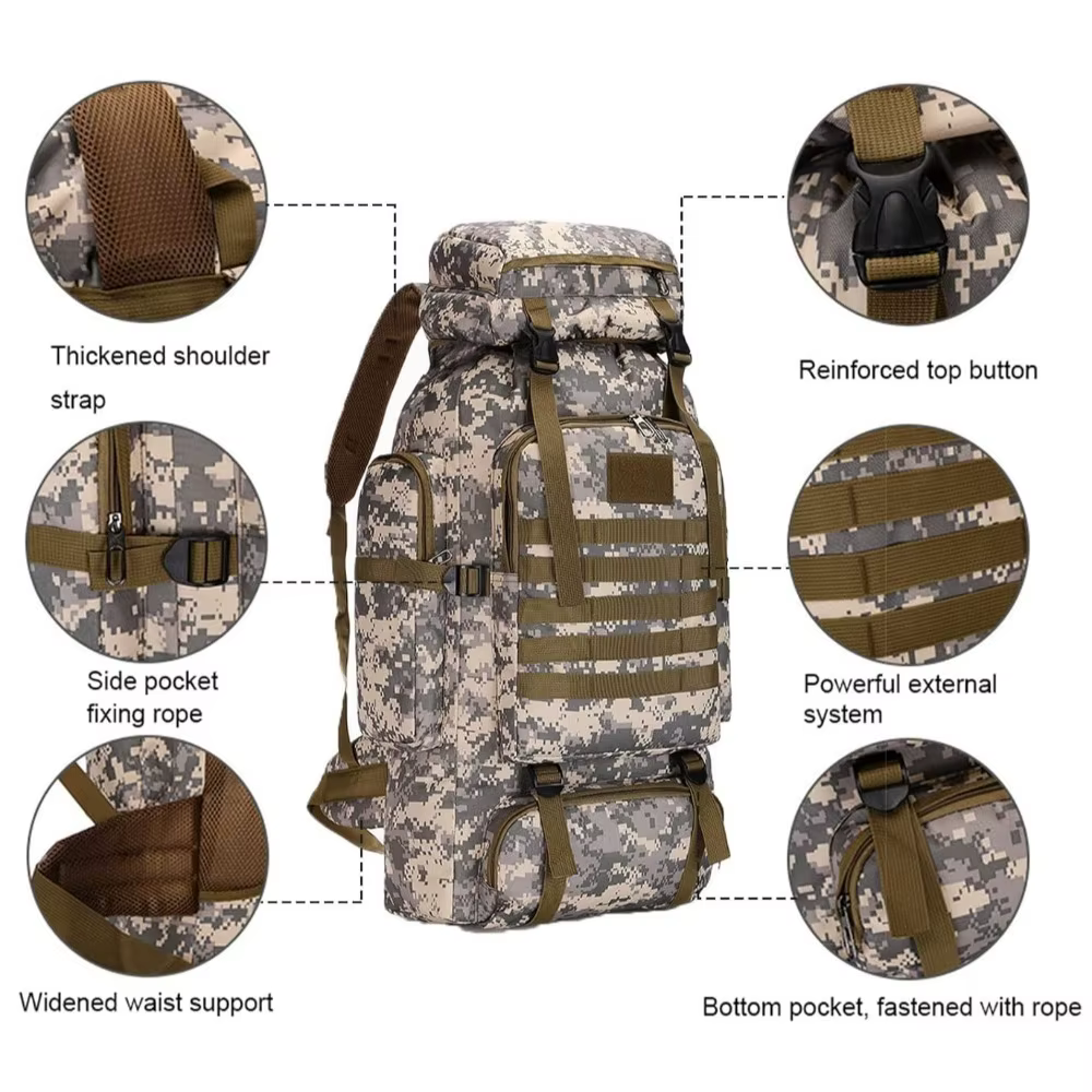 Sac de montagne 75L, sac à dos tactique imperméable camouflage léger