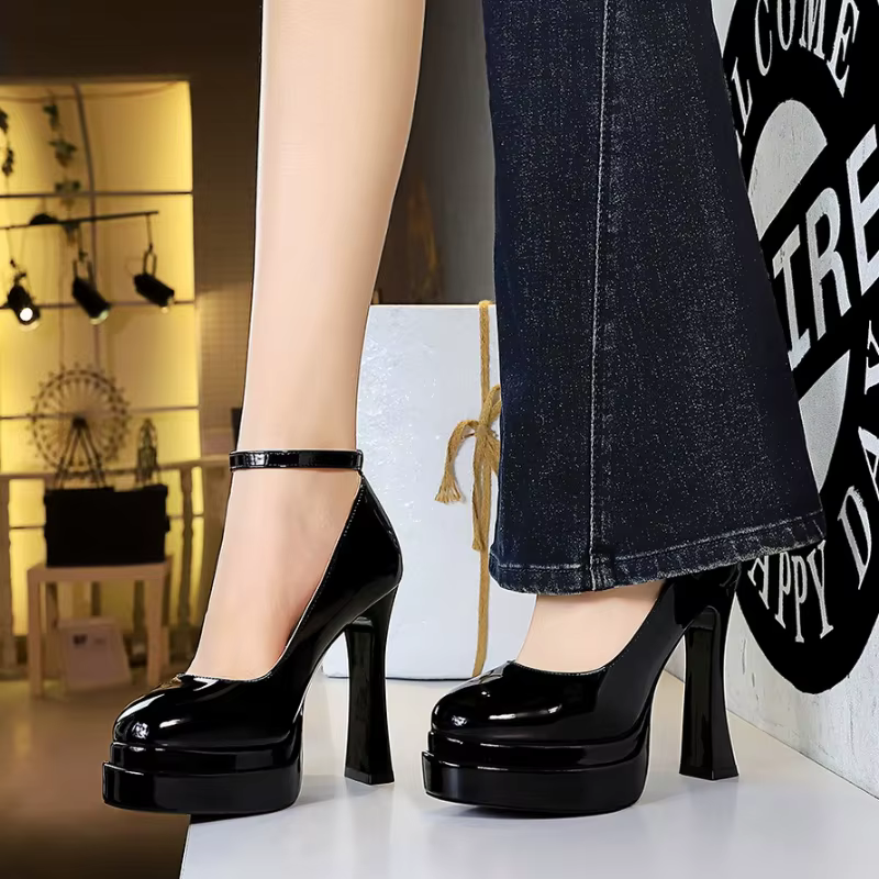 Chaussures simples à bout rond pour femmes, avec talons hauts, Double couche, plateforme imperméable, cuir verni, bande lumineuse, une longueur